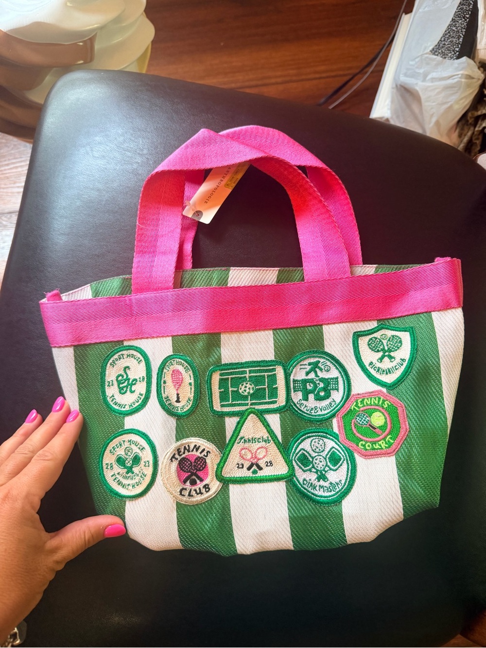 Maeve Pink & Green Striped Mini Tote with Tennis Patches